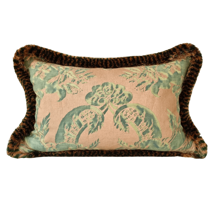 Double Sided Cushion Cover Fortuny Fabric Green & Silvery Gold Olimpia Pattern with Brush Fringe