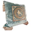 Embroidered Aqua Rubelli Velvet - Handmade Decorative Pillow With Corner Tassels
