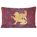 Gold Winged Lion Embroidered Red Brocade Fabric - Handmade Decorative Pillow
