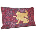 Gold Winged Lion Embroidered Red Brocade Fabric - Handmade Decorative Pillow