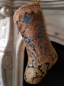 Luxury Christmas Stocking Blue & Gold Silk Brocatelle Rubelli Fabric Tebaldo Pattern