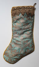 Luxury Christmas Stocking Fortuny Fabric Aquamarine & Silvery Gold Richelieu Pattern