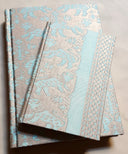 Fortuny Fabric Covered Journal Hardcover Notebook Aquamarine & Silvery Gold Richelieu Pattern