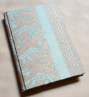 Fortuny Fabric Covered Journal Hardcover Notebook Aquamarine & Silvery Gold Richelieu Pattern