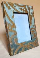 Rubelli Silk Jacquard Fabric Covered Tabletop Picture Photo Frame Aqua Blue & Gold Serlio Pattern