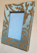 Rubelli Silk Jacquard Fabric Covered Tabletop Picture Photo Frame Aqua Blue & Gold Serlio Pattern