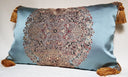 Handmade Decorative Pillow Made With Silk Lampas Rubelli Fabric Light Blue Sherazade Pattern With Gold Tassel at Corners