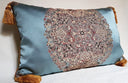 Handmade Decorative Pillow Made With Silk Lampas Rubelli Fabric Light Blue Sherazade Pattern With Gold Tassel at Corners