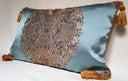 Handmade Decorative Pillow Made With Silk Lampas Rubelli Fabric Light Blue Sherazade Pattern With Gold Tassel at Corners