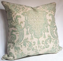 Handmade Decorative Pillow Made With Fortuny Fabric – Celadon Green & Beige Carnavalet Pattern