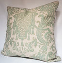 Handmade Decorative Pillow Made With Fortuny Fabric – Celadon Green & Beige Carnavalet Pattern