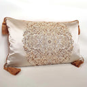 Handmade Decorative Pillow Made With Silk Lampas Rubelli Fabric Ivory Sherazade Pattern With Gold Tassel at Corners