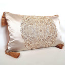 Handmade Decorative Pillow Made With Silk Lampas Rubelli Fabric Ivory Sherazade Pattern With Gold Tassel at Corners
