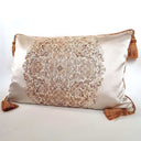 Handmade Decorative Pillow Made With Silk Lampas Rubelli Fabric Ivory Sherazade Pattern With Gold Tassel at Corners