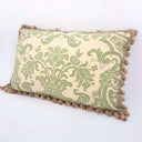 Handmade Decorative Pillow Made With Fortuny Fabric – Celadon Green & Beige Carnavalet Pattern With Tassel Trim