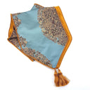 Luxury Table Runner with Pointed Ends And Tassels Silk Lampas Rubelli Fabric Sky Blue Sherazade Pattern