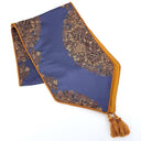 Luxury Table Runner with Pointed Ends And Tassels Silk Lampas Rubelli Fabric Purple Blue Sherazade Pattern