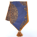 Luxury Table Runner with Pointed Ends And Tassels Silk Lampas Rubelli Fabric Purple Blue Sherazade Pattern