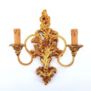 Carved Gilt Wood Wall Sconce with Fortuny Fabric Lampshades Blue and Silvery Gold Sevres Pattern