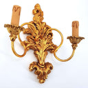 Carved Gilt Wood Wall Sconce with Fortuny Fabric Lampshades Blue and Silvery Gold Sevres Pattern