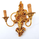 Carved Gilt Wood Wall Sconce with Fortuny Fabric Lampshades Blue and Silvery Gold Sevres Pattern