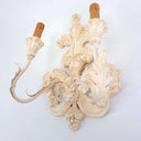 Carved Distressed Antique White Wood Wall Sconce with Fortuny Fabric Lampshades Lucrezia Pattern