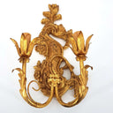 Carved Gilt Wood Wall Sconce with Bevilacqua Fabric Lampshades Red Giardino Pattern