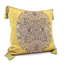 Handmade Decorative Pillow Made With Silk Lampas Rubelli Fabric Seaweed Green Sherazade Pattern With Gold Tassel at Corners