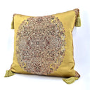 Handmade Decorative Pillow Made With Silk Lampas Rubelli Fabric Seaweed Green Sherazade Pattern With Gold Tassel at Corners