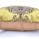 Handmade Decorative Pillow Made With Silk Lampas Rubelli Fabric Seaweed Green Sherazade Pattern With Gold Tassel at Corners