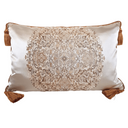 Handmade Decorative Pillow Made With Silk Lampas Rubelli Fabric Ivory Sherazade Pattern With Gold Tassel at Corners