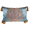 Handmade Decorative Pillow Made With Silk Lampas Rubelli Fabric Light Blue Sherazade Pattern With Gold Tassel at Corners