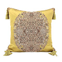 Handmade Decorative Pillow Made With Silk Lampas Rubelli Fabric Seaweed Green Sherazade Pattern With Gold Tassel at Corners