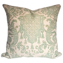 Handmade Decorative Pillow Made With Fortuny Fabric – Celadon Green & Beige Carnavalet Pattern