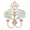 Carved Distressed Ecru White Wood Wall Sconce with Rubelli Brocade Lampshades Aquamarine Queen Anne Pattern