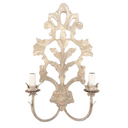 Carved Distressed Ecru White Wood Wall Sconce with Rubelli Brocade Lampshades Aquamarine Queen Anne Pattern
