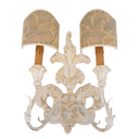 Carved Distressed Antique White Wood Wall Sconce with Fortuny Fabric Lampshades Lucrezia Pattern