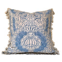 Handmade Decorative Pillow Made With Fortuny Fabric – Blue & Silvery Gold Nicolo Pattern With Tassel Trim