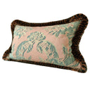 Handmade Decorative Pillow Made With Fortuny Fabric – Green & Silvery Gold Olimpia Pattern With Brush Fringe