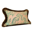 Handmade Decorative Pillow Made With Fortuny Fabric – Green & Silvery Gold Olimpia Pattern With Brush Fringe