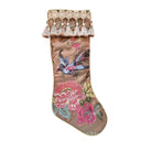 Chaussette de Noël Fait Main avec gland en brocart de soie marron noisette Luigi Bevilacqua Motif Uccelli
